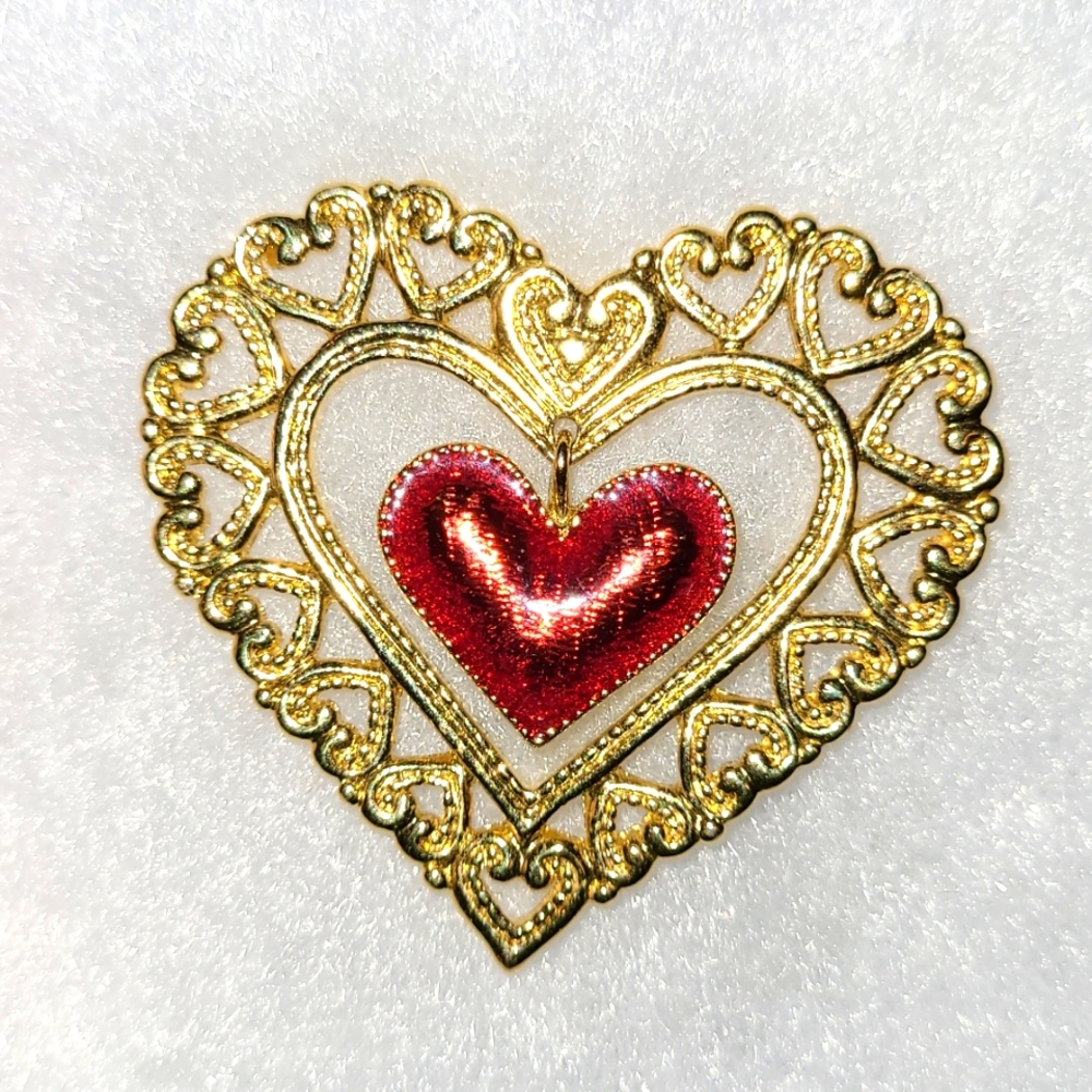 Vintage 1991 Avon Brooch Dangling Red Heart Pin Gold-tone Scroll of Hearts EUC